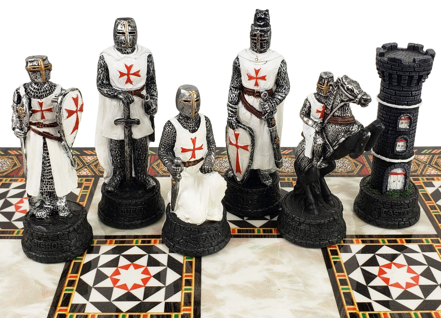 Medieval Times Crusade Red White Maltese Knight Chess Set w/ 17" Mosaic Color BD