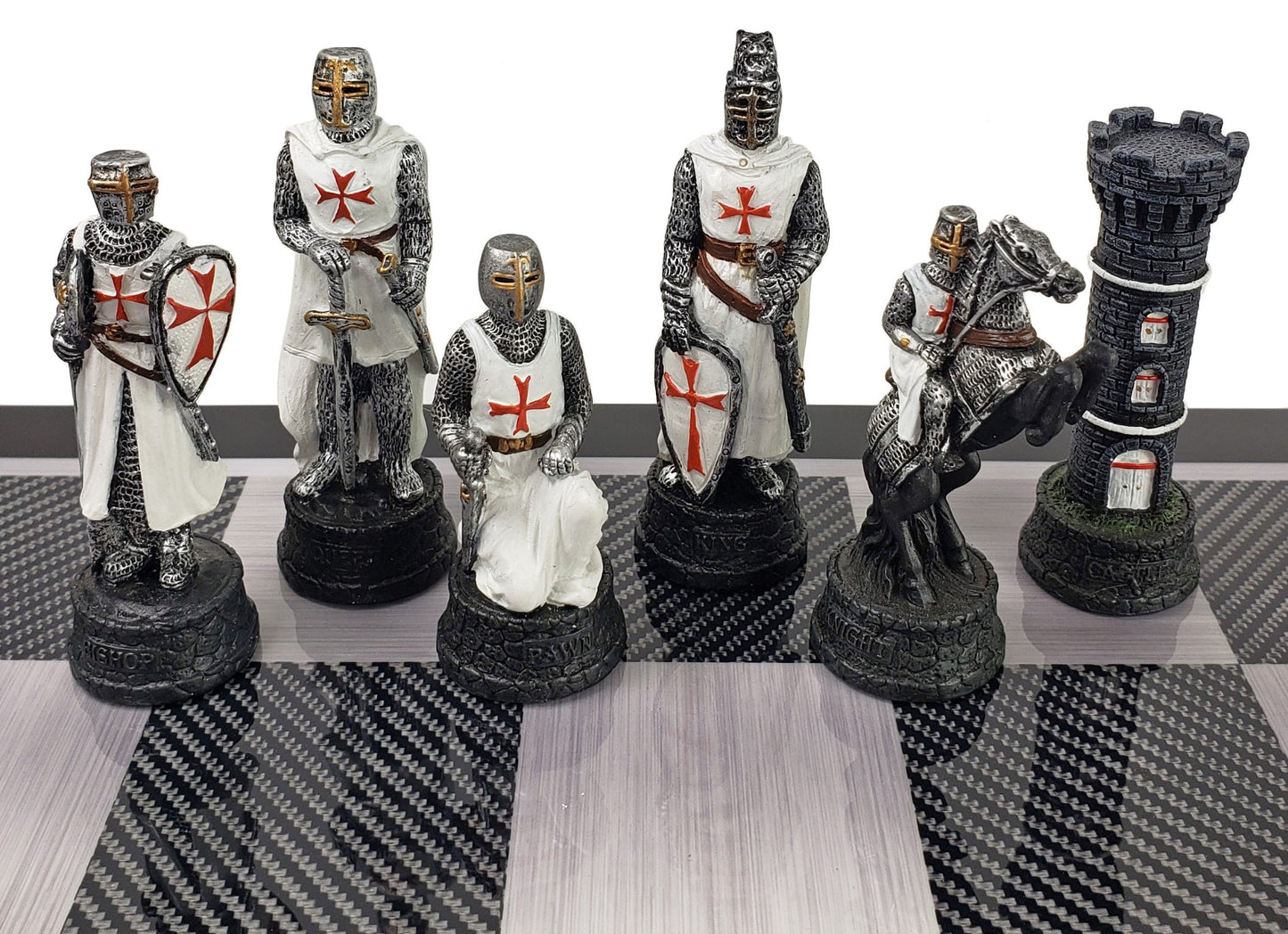 Medieval Times Crusades RED WHITE Maltese Chess Set Black Carbon Fiber Color Brd