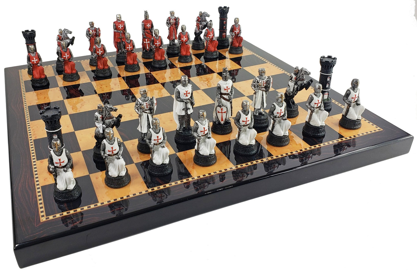 Medieval Times Crusades Red & White Maltese Chess Set W/ 18" Walnut COLOR Board