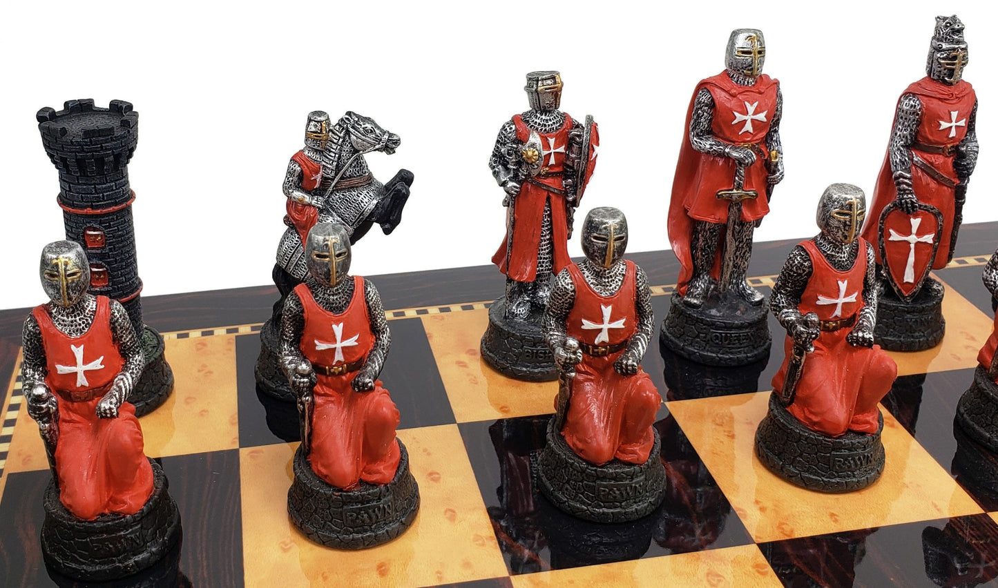 Medieval Times Crusades Red & White Maltese Chess Set W/ 18" Walnut COLOR Board