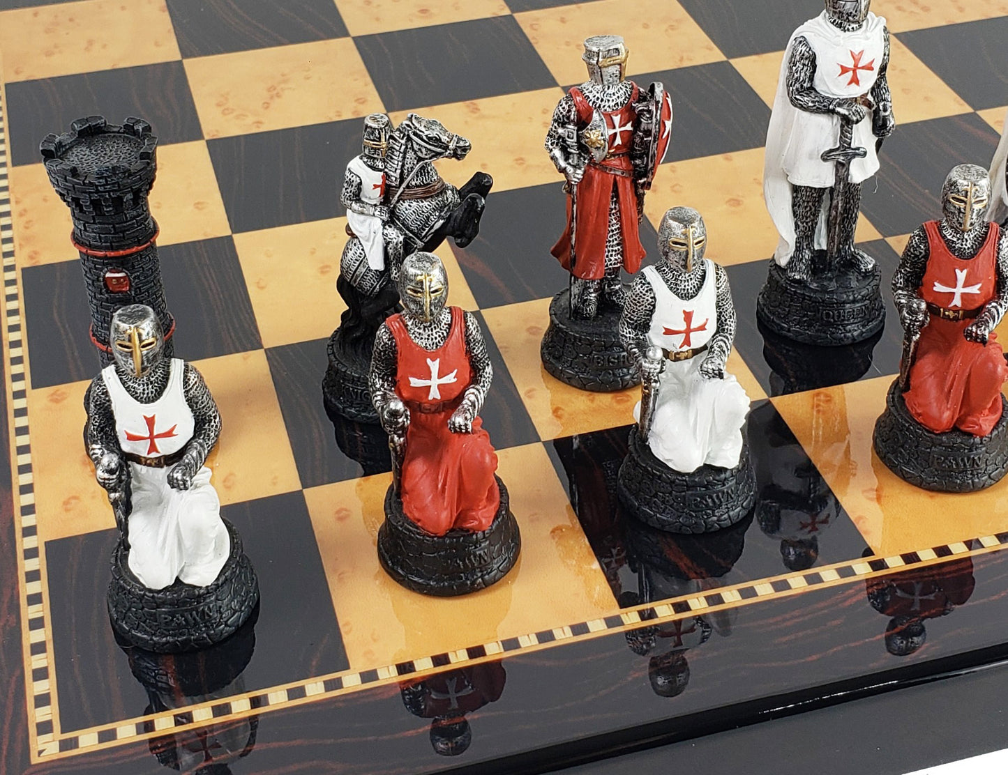 Medieval Times Crusades Red & White Maltese Chess Set W/ 18" Walnut COLOR Board