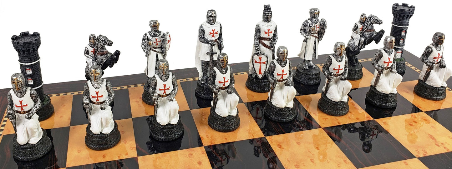 Medieval Times Crusades Red & White Maltese Chess Set W/ 18" Walnut COLOR Board