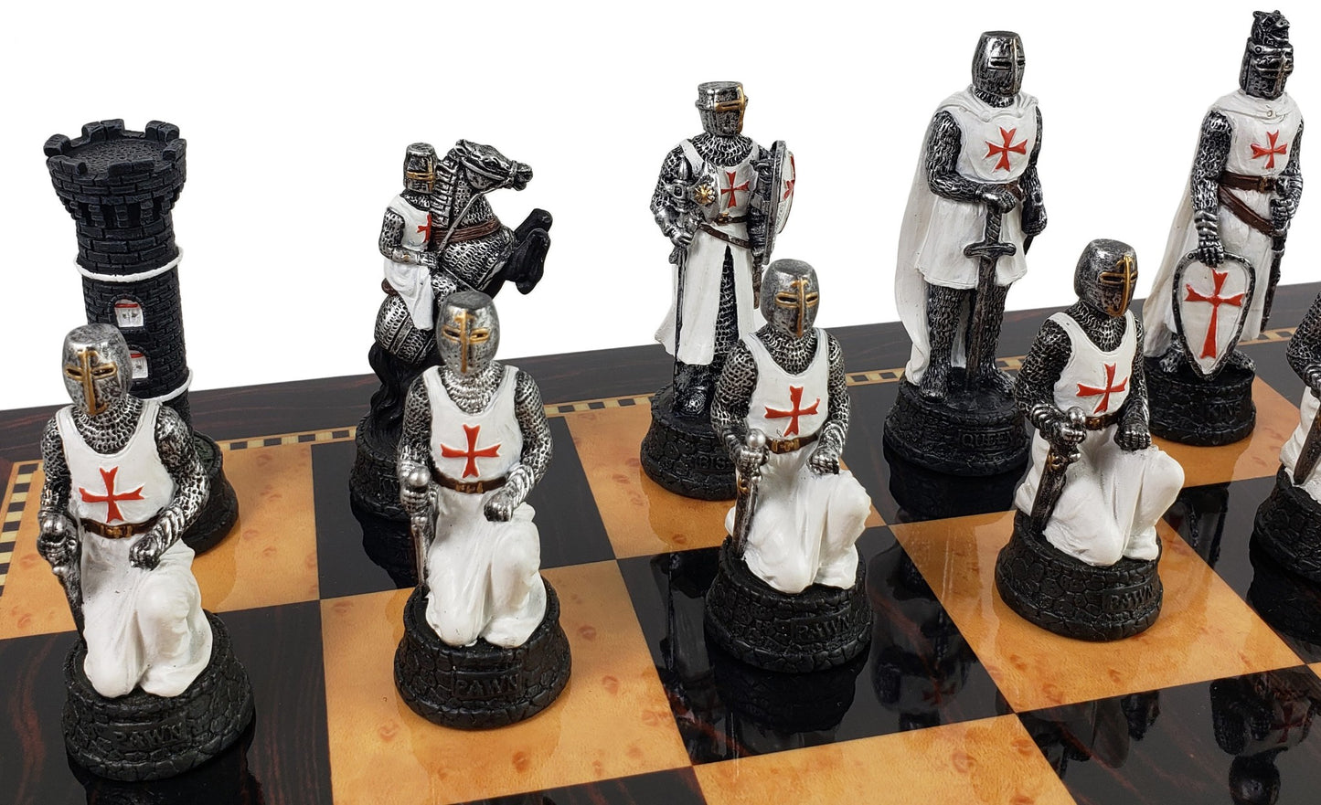 Medieval Times Crusades Red & White Maltese Chess Set W/ 18" Walnut COLOR Board