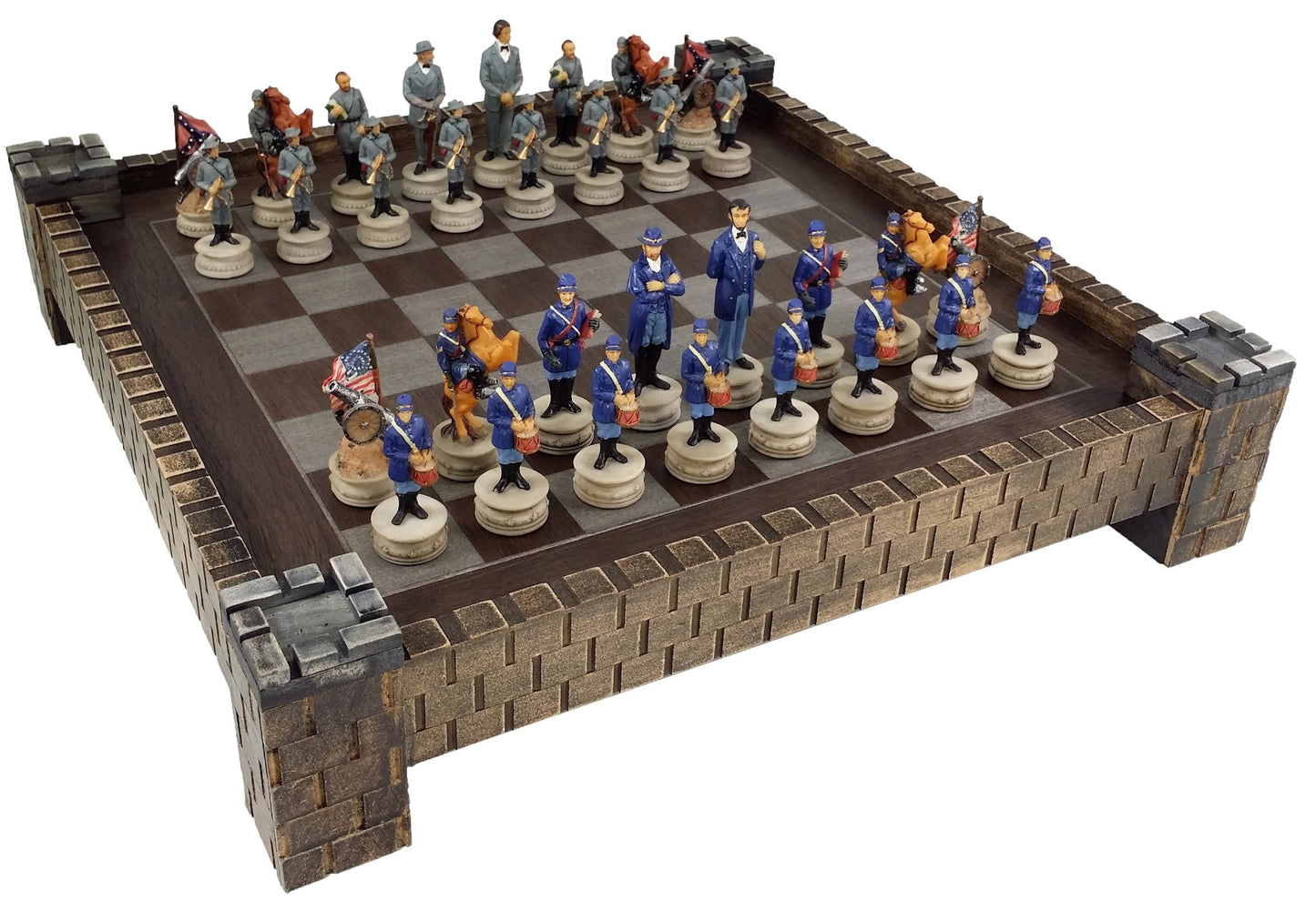 American US Civil War General Queens Chess Men Set w/ 17" Fortress Castle Board