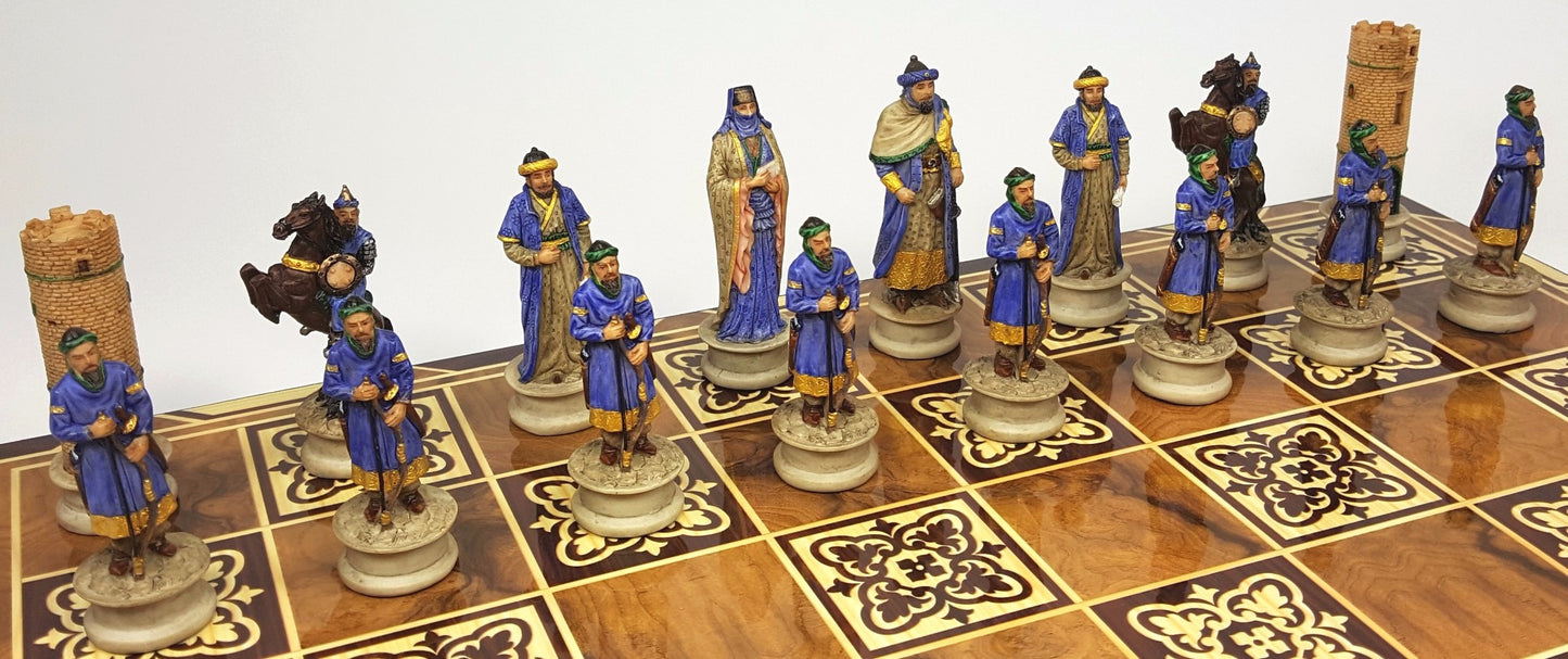 Medieval Times Crusade Arabian Vs Christian Chess Set W 17" Burlwood Color Board