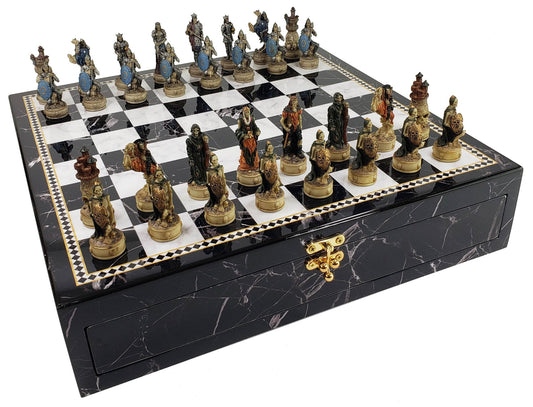 Skeleton Slayer Gothic Skull Chess Set With 17" Black Faux Marble Storage Board