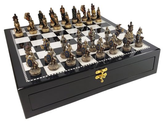 Skeleton Slayer Gothic Fantasy Skull Chess Set w 17" Black & White Storage Board