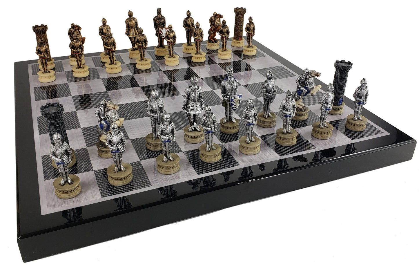 Medieval Times Crusades Armored Knight Chess Set Black Carbon Fiber Color Board