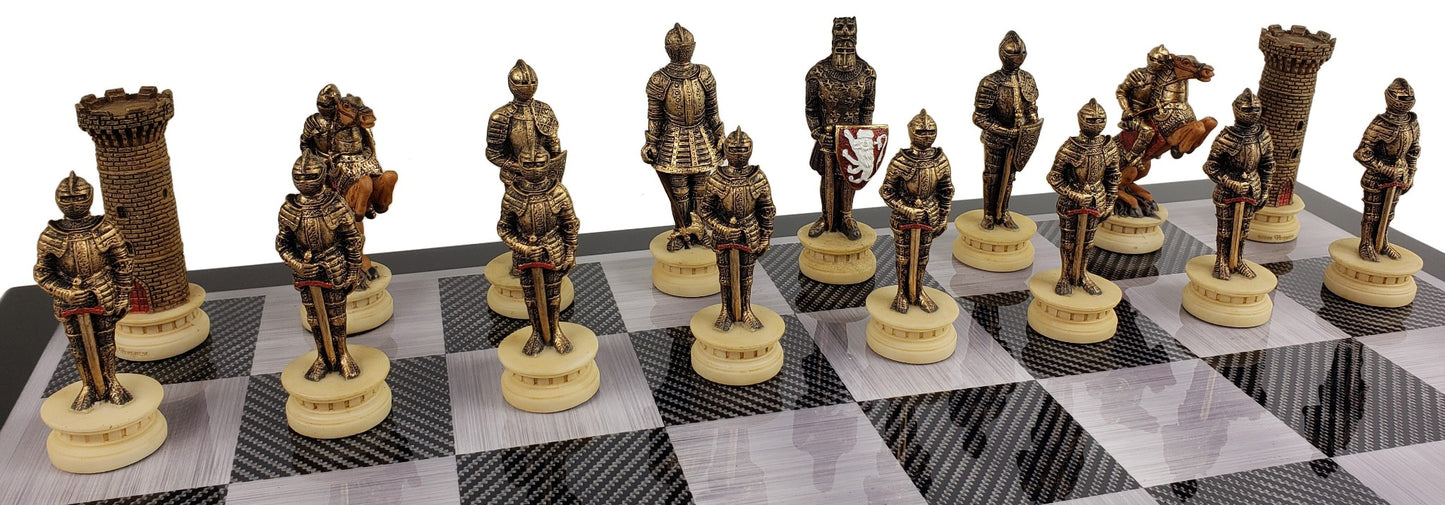 Medieval Times Crusades Armored Knight Chess Set Black Carbon Fiber Color Board