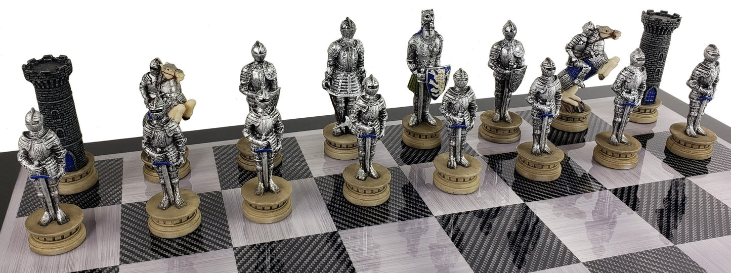 Medieval Times Crusades Armored Knight Chess Set Black Carbon Fiber Color Board