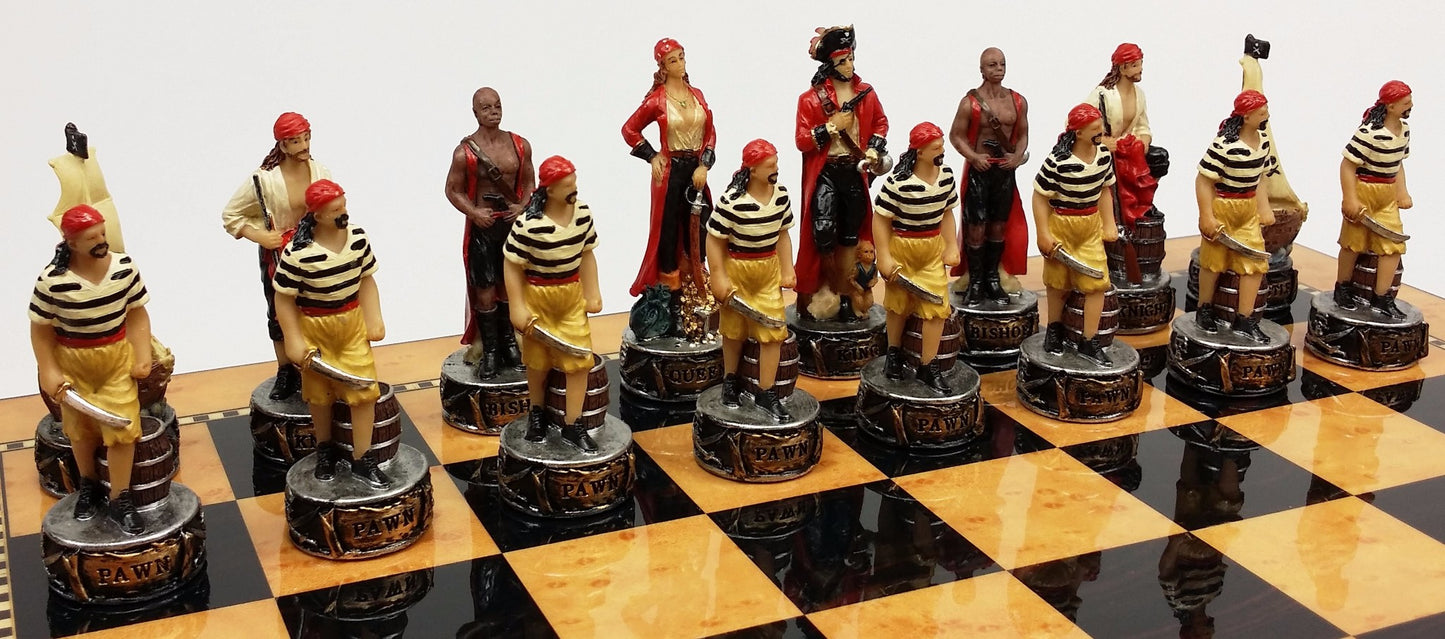 Pirates Vs Royal Navy Pirate Chess Set W 15" Maple & Walnut Color Board