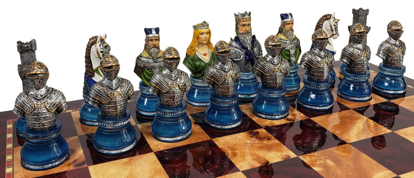 Medieval Times Crusades LARGE Red & Blue Busts CHESS SET 18" Cherry Color Board