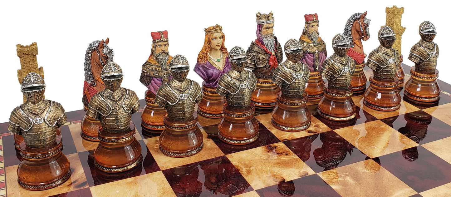 Medieval Times Crusades LARGE Red & Blue Busts CHESS SET 18" Cherry Color Board