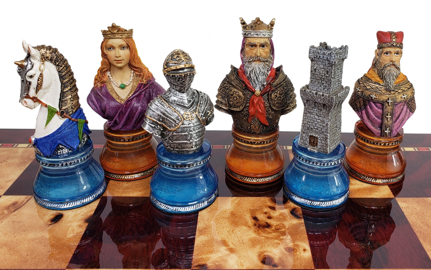 Medieval Times Crusades LARGE Red & Blue Busts CHESS SET 18" Cherry Color Board