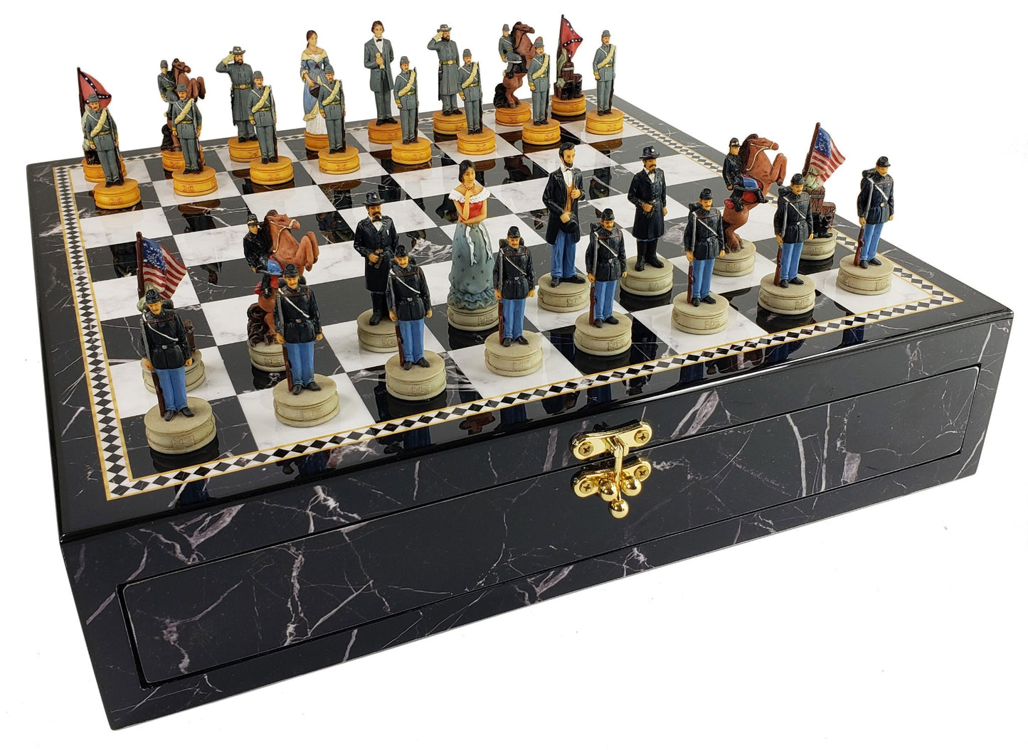 US American Civil War Queens Chess Set with 17" Black Faux Marble Storage Board