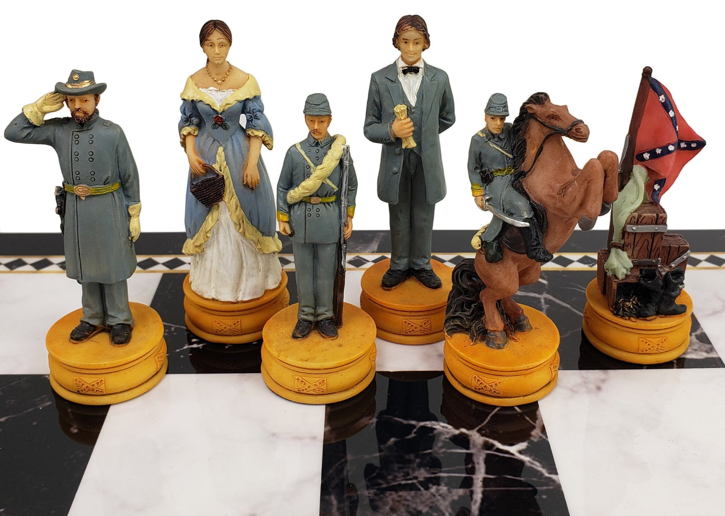 US American Civil War Queens Chess Set with 17" Black Faux Marble Storage Board