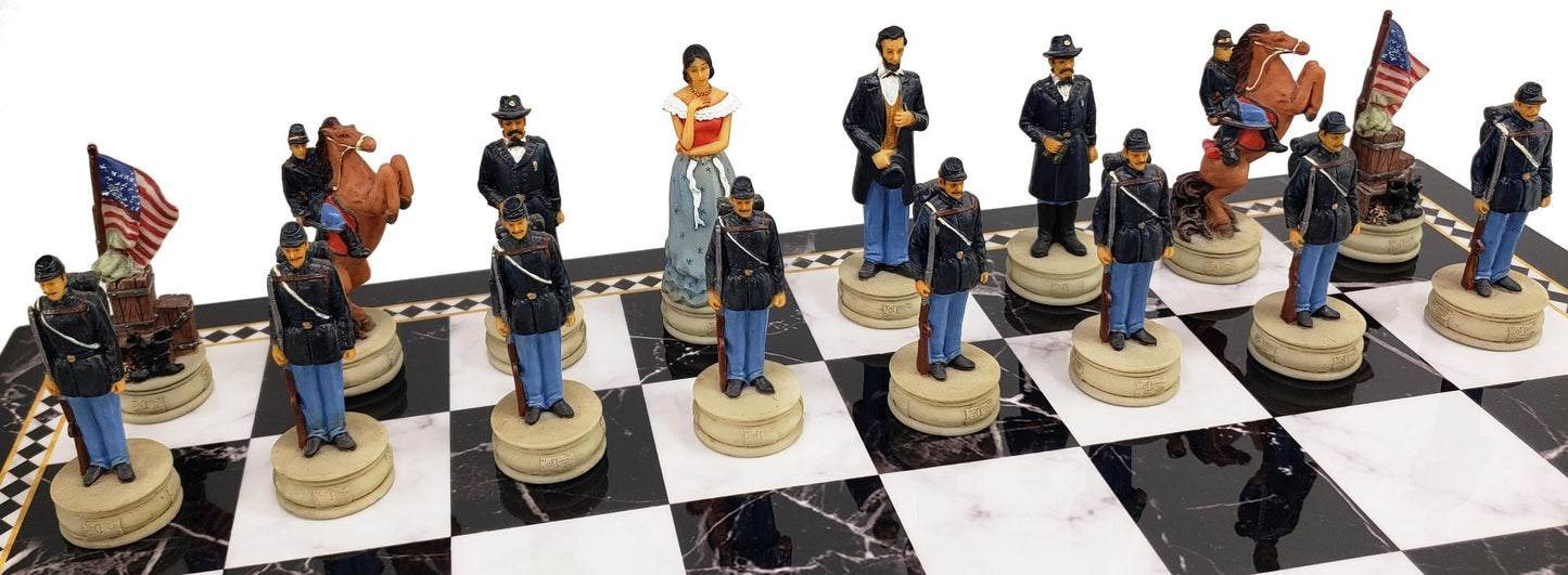 US American Civil War Queens Chess Set with 17" Black Faux Marble Storage Board