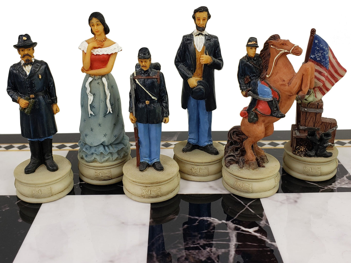US American Civil War Queens Chess Set with 17" Black Faux Marble Storage Board