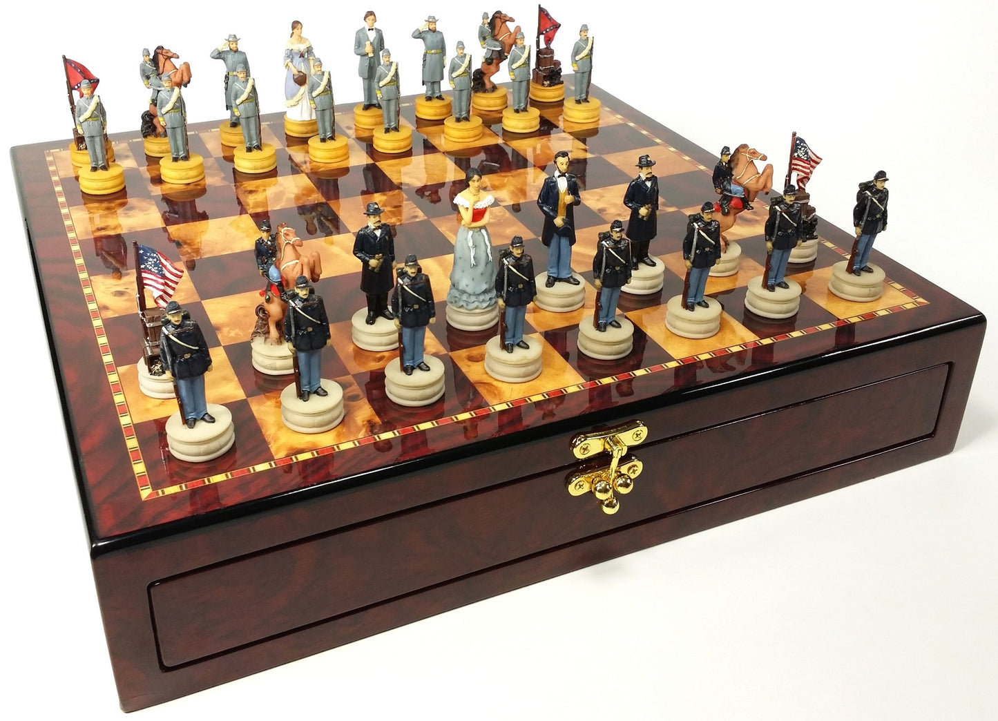 US American Civil War Queens Chess Set W/ Cherry & Burlwood Color Storage Board