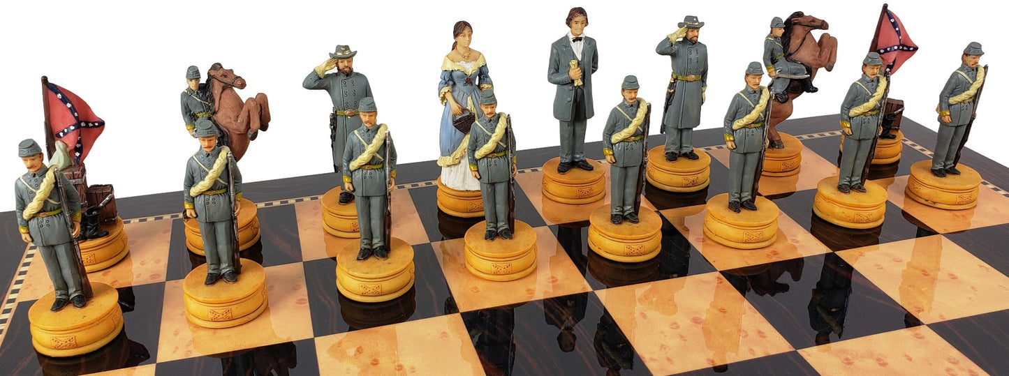 US American Civil War Queens Chess Set with 17" Dark Walnut Color Storage Board
