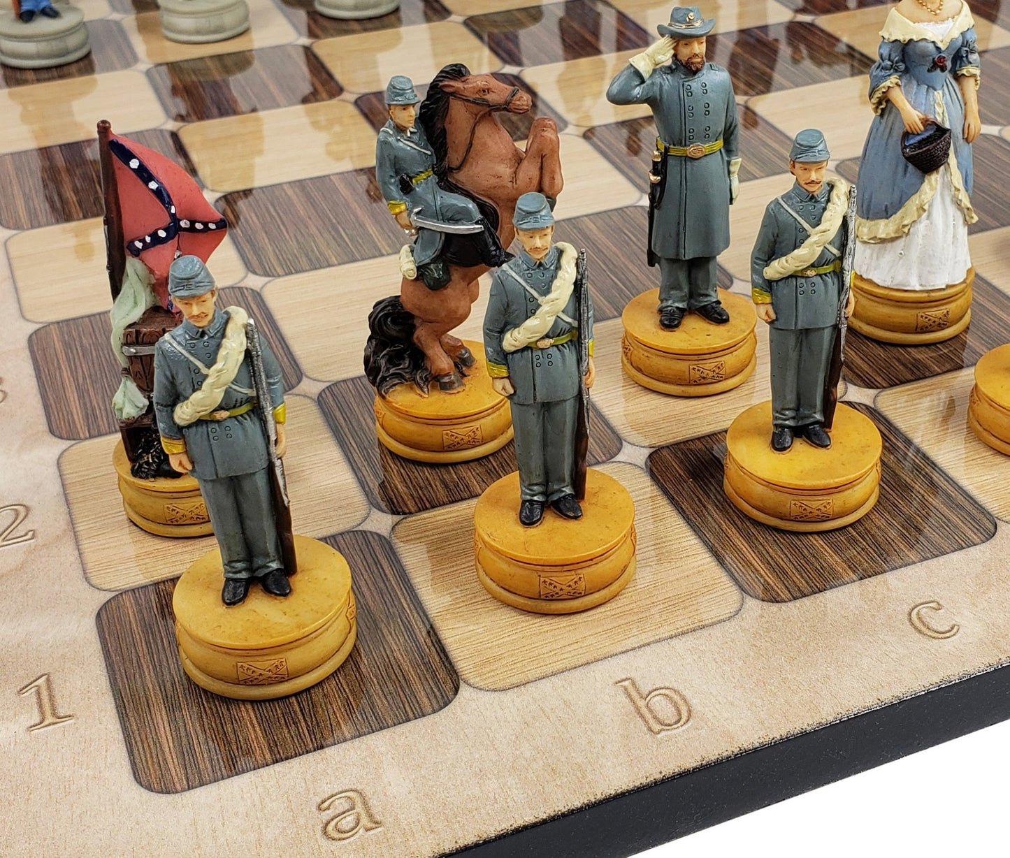 US American Civil War Queens Painted Chess Set W/ 17" Rustic Color Board