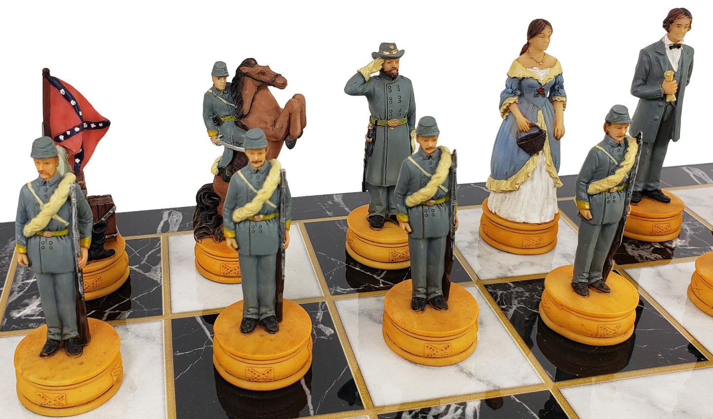 US American Civil War Queens Painted Chess Set W/ 17" Black Marble Color Board