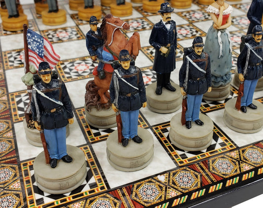 US American Civil War Queens Painted Chess Set W/ 14 1/2" Mosaic Color Board