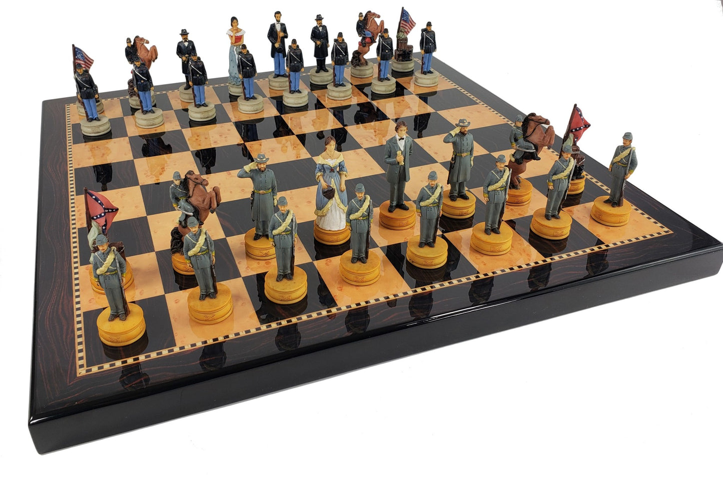 US American Civil War Queens Chess Set with 18" Dark Walnut & Maple Color Board