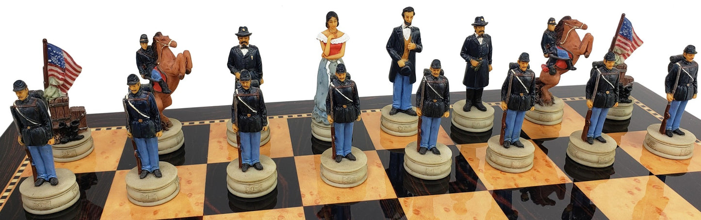 US American Civil War Queens Chess Set with 18" Dark Walnut & Maple Color Board