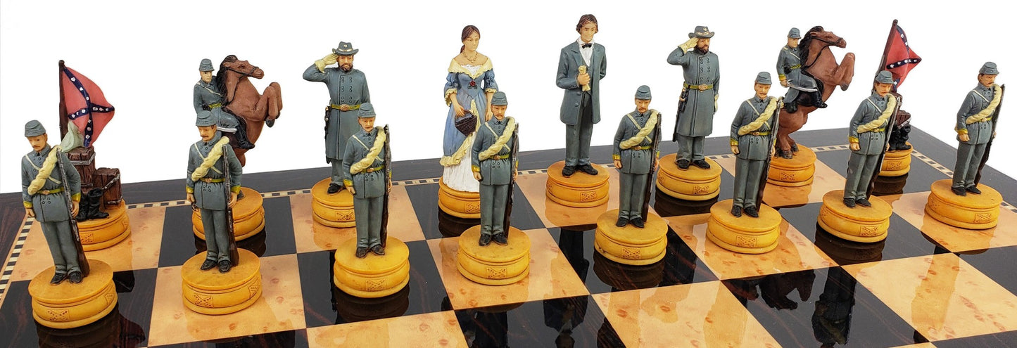US American Civil War Queens Chess Set with 18" Dark Walnut & Maple Color Board