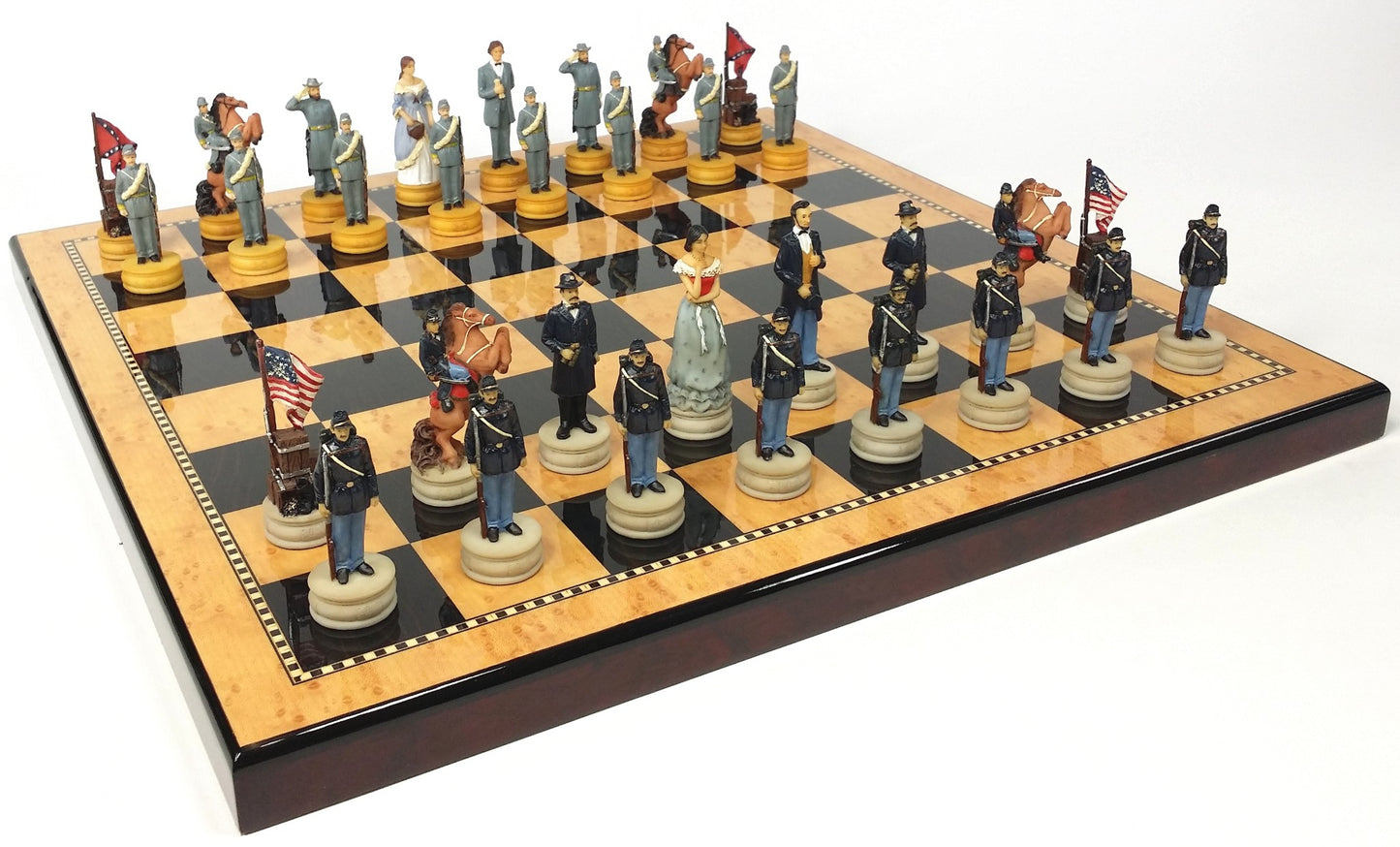 US American Civil War Wife Queens Chess Set 18" Gloss Walnut & Maple Color Board