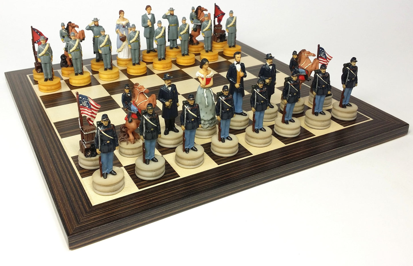US American Civil War Queens Chess set W/ 14" Ebony Black & Maple Wood Board