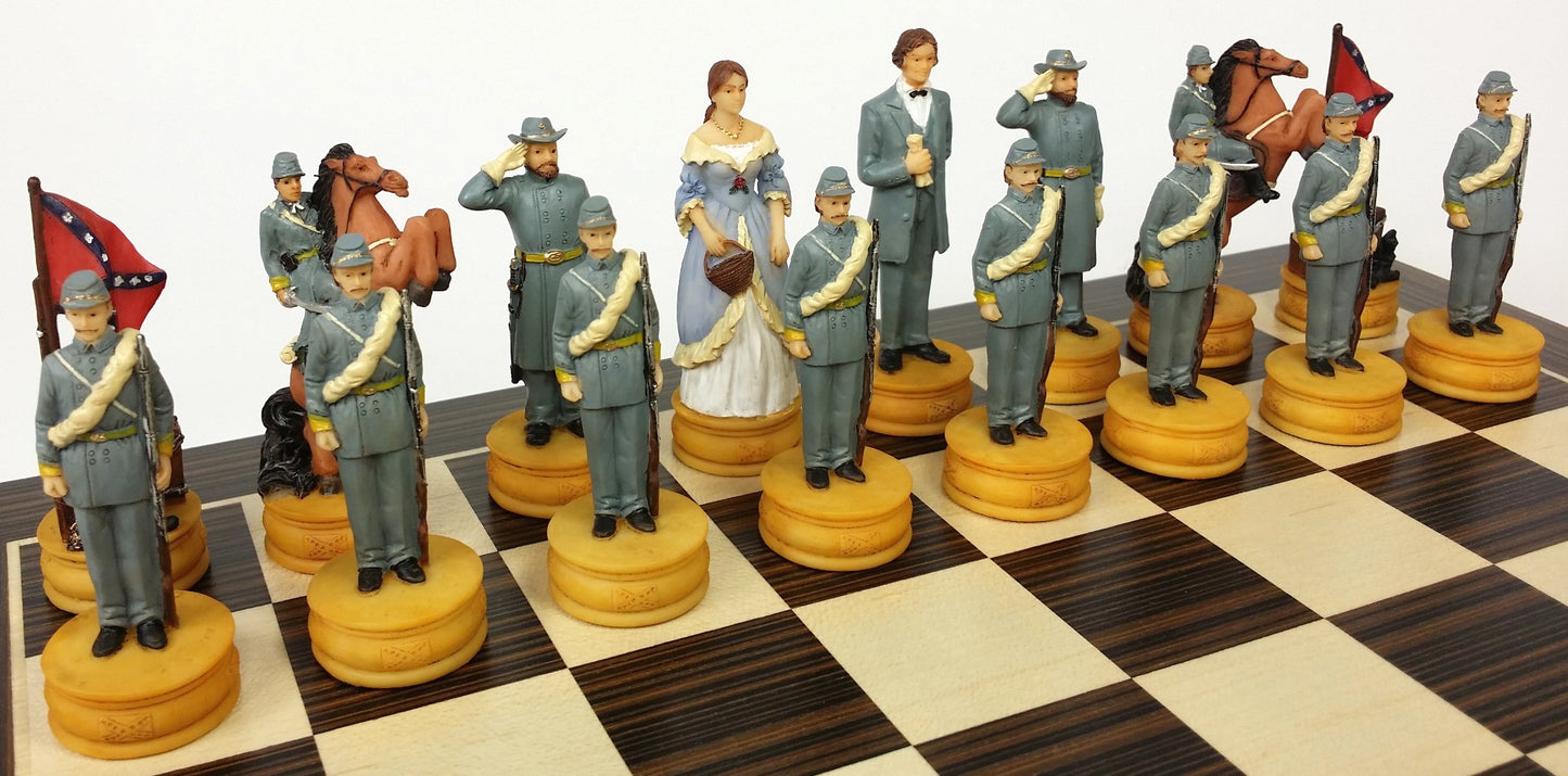 US American Civil War Queens Chess set W/ 14" Ebony Black & Maple Wood Board