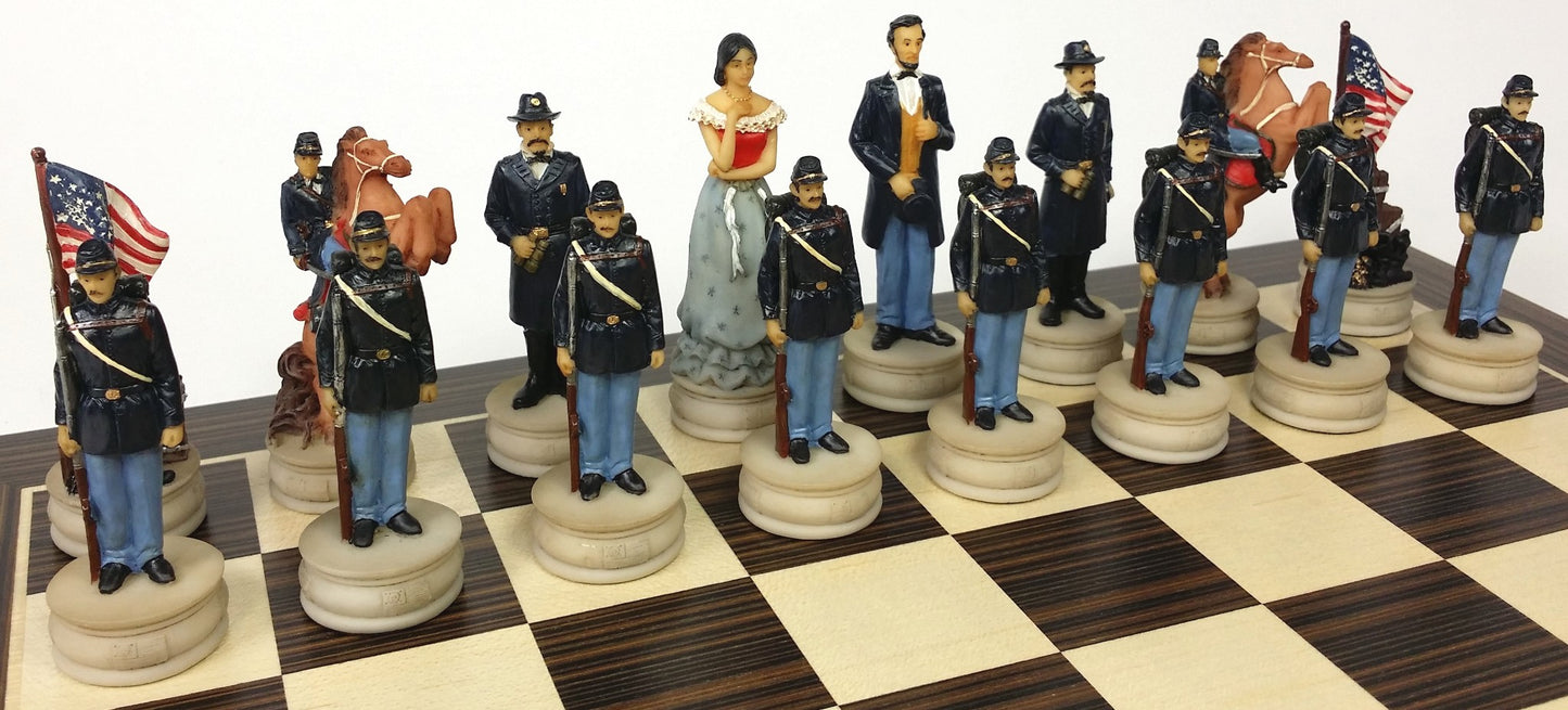 US American Civil War Queens Chess set W/ 14" Ebony Black & Maple Wood Board