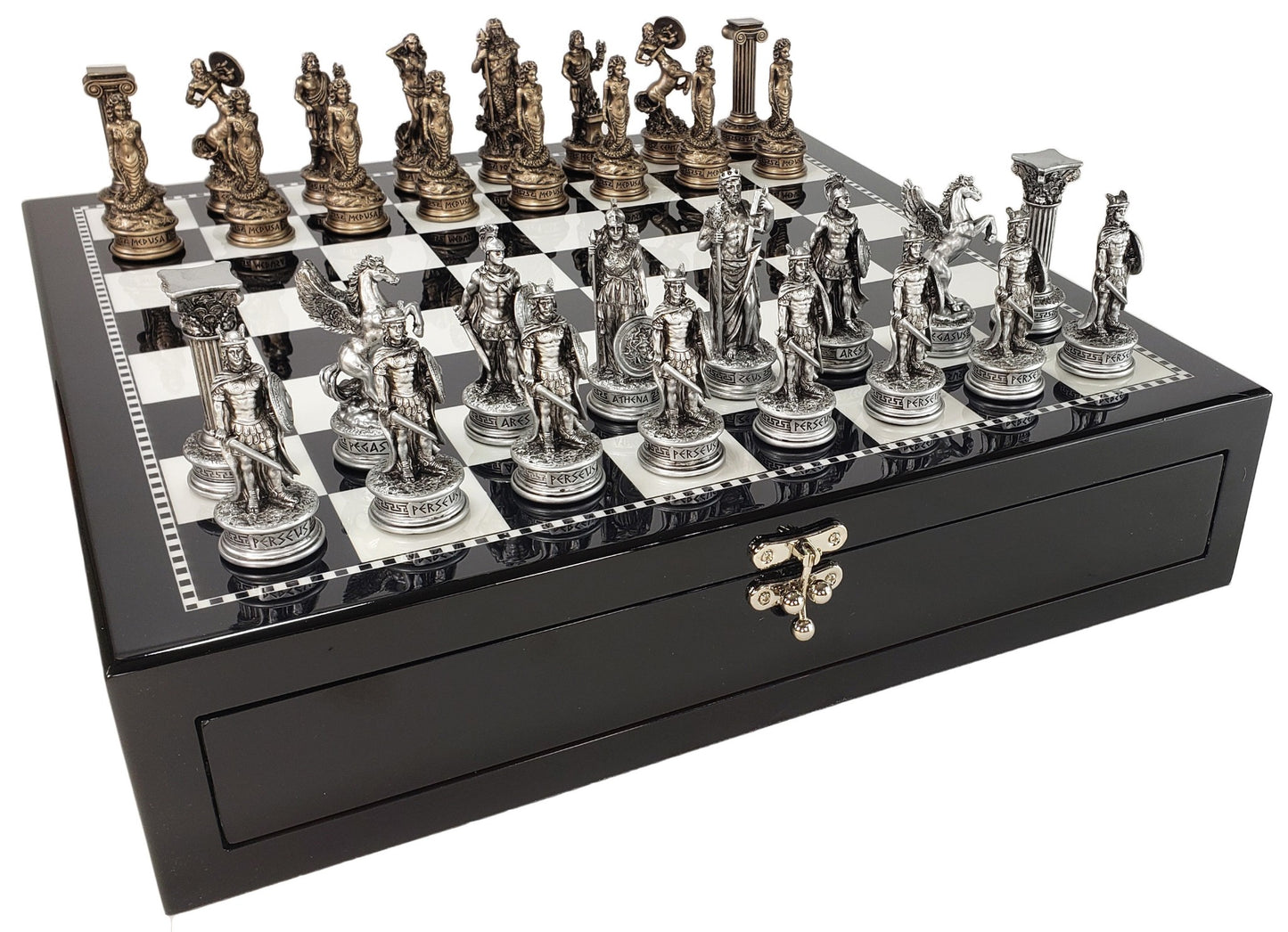 Greek Mythology Olympus Gods Chess Set Pewter Bronze Color 17" Black Storage Bd