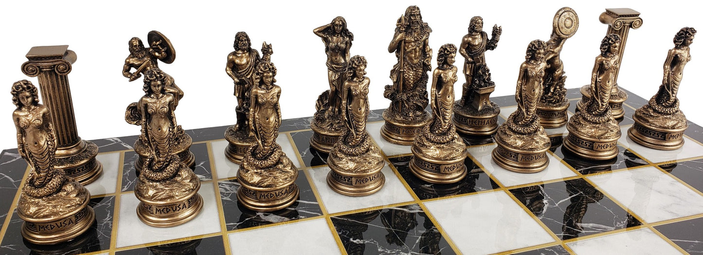 Greek Mythology Olympus Gods Chess Set Pewter Bronze Color 17" Faux Marble Board