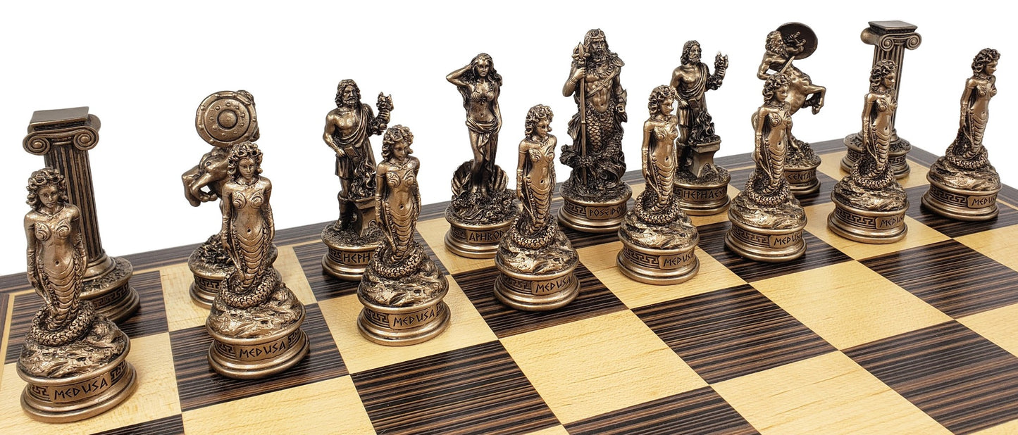 Greek Mythology Olympus Gods Chess Set Pewter Bronze Color W/ 17" Ebony Board
