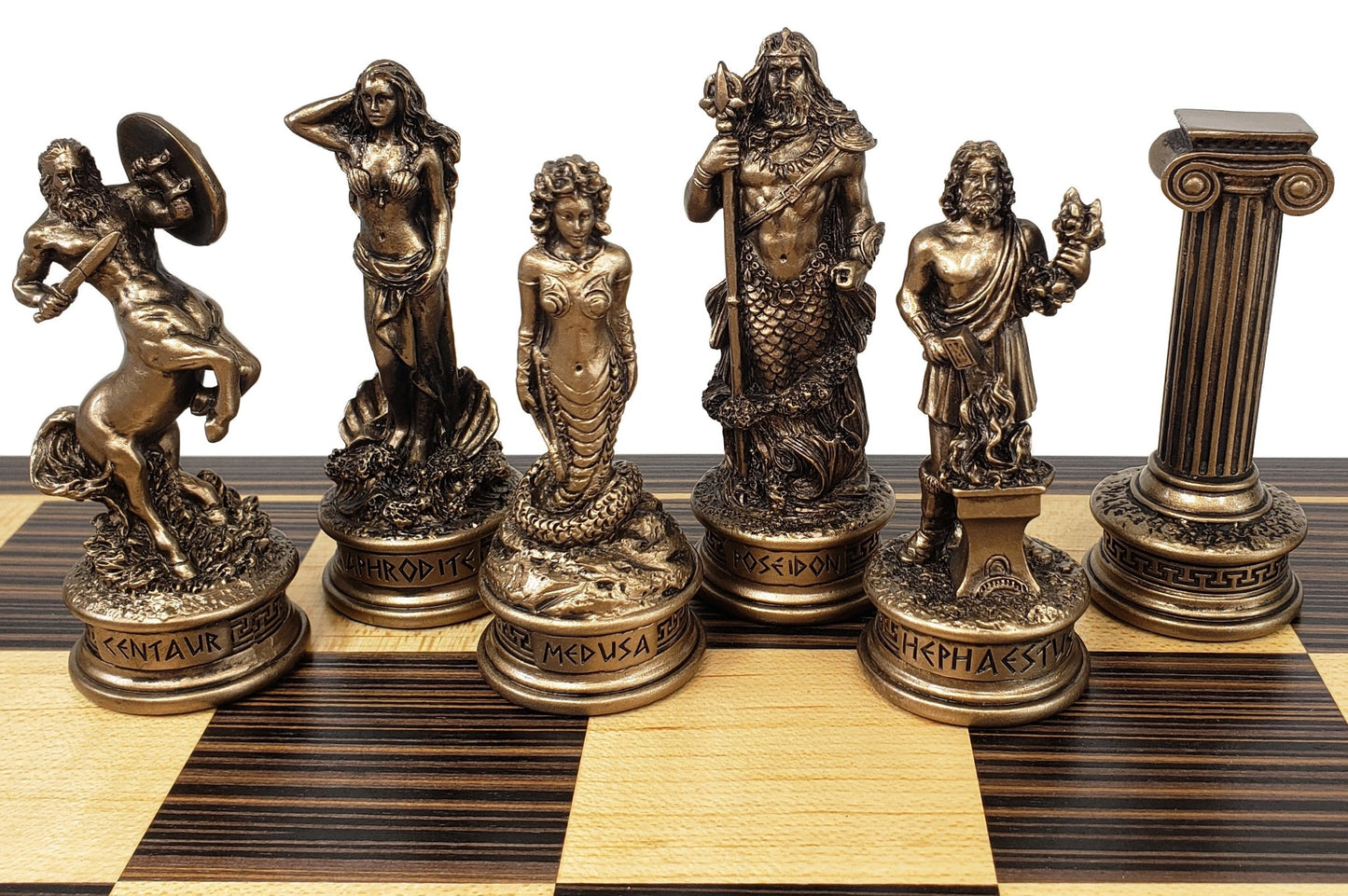 Greek Mythology Olympus Gods Chess Set Pewter Bronze Color W/ 17" Ebony Board