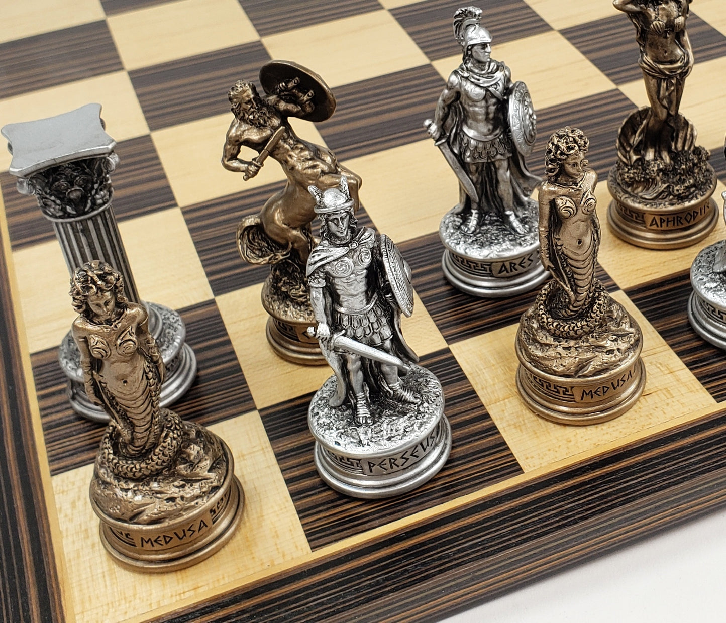 Greek Mythology Olympus Gods Chess Set Pewter Bronze Color W/ 17" Ebony Board