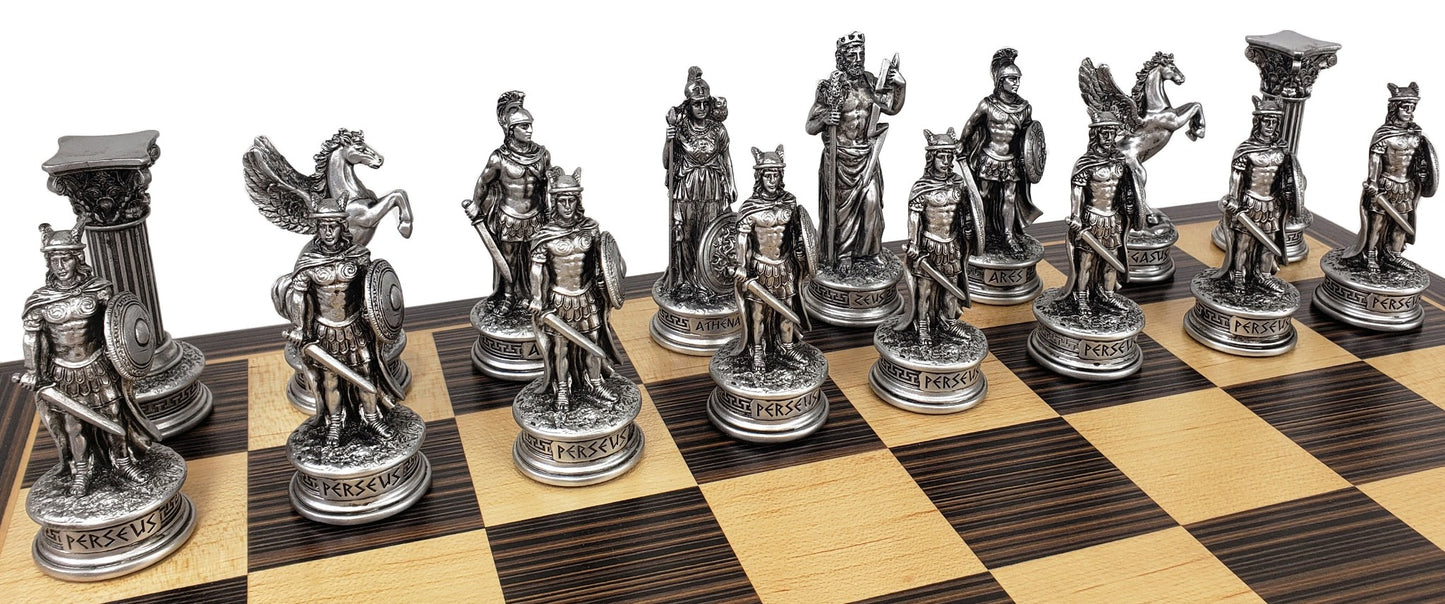 Greek Mythology Olympus Gods Chess Set Pewter Bronze Color W/ 17" Ebony Board