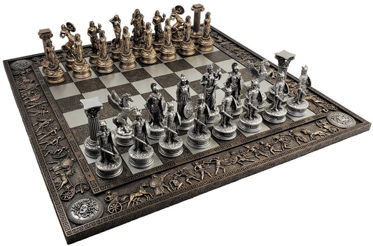 Greek Mythology Olympus Gods Chess Set Pewter & Bronze Color W 17" Greek Board