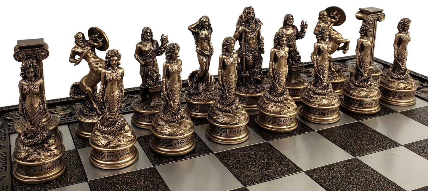 Greek Mythology Olympus Gods Chess Set Pewter & Bronze Color W 17" Greek Board