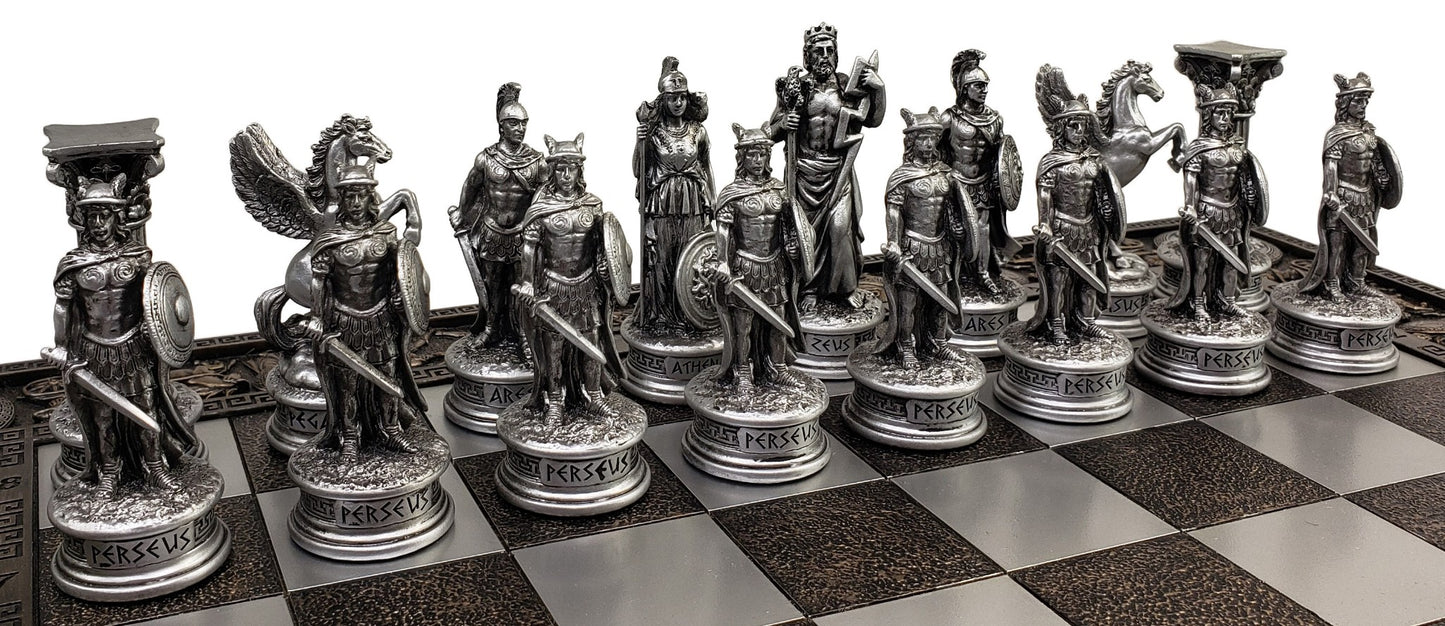 Greek Mythology Olympus Gods Chess Set Pewter & Bronze Color W 17" Greek Board