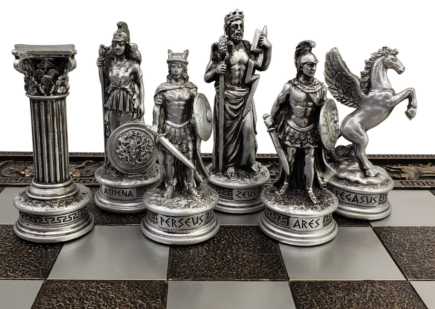 Greek Mythology Olympus Gods Chess Set Pewter & Bronze Color W 17" Greek Board
