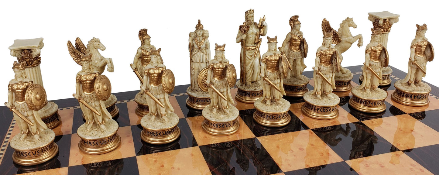 Greek Mythology Olympus Gods Chess Set Antique White & Gold Walnut Color Storage