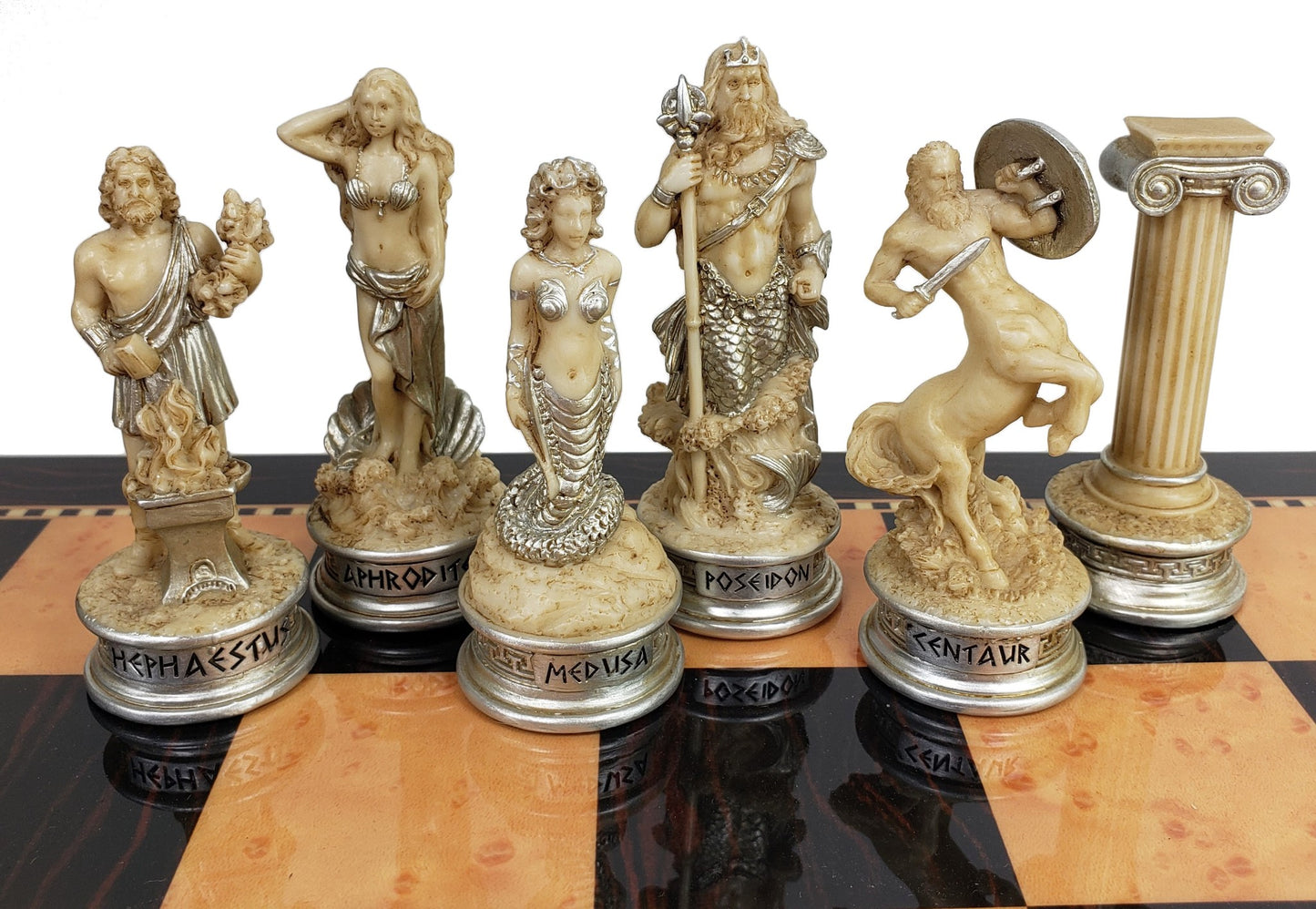 Greek Mythology Olympus Gods Chess Set Antique White & Gold 18" Walnut Color Bd