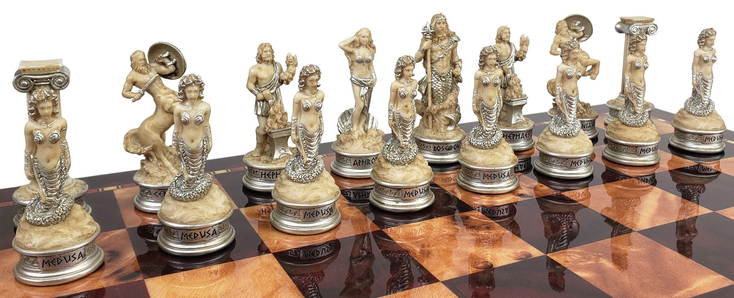 Greek Mythology Olympus Gods Chess Set Antique White W/ 18" Cherry Color Board