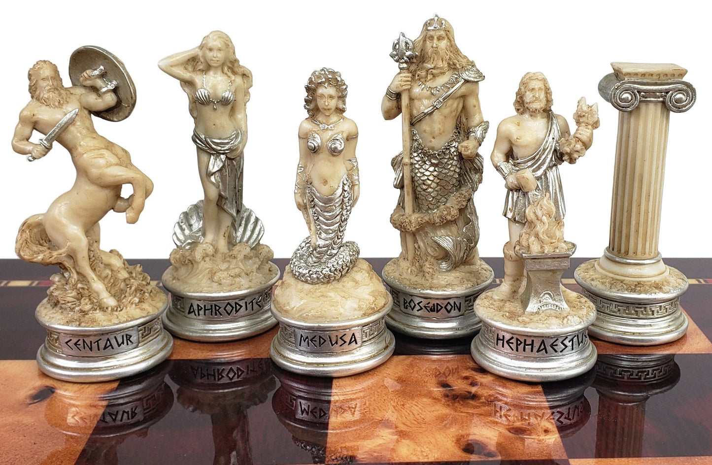 Greek Mythology Olympus Gods Chess Set Antique White W/ 18" Cherry Color Board