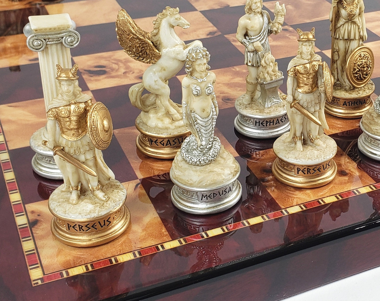 Greek Mythology Olympus Gods Chess Set Antique White W/ 18" Cherry Color Board