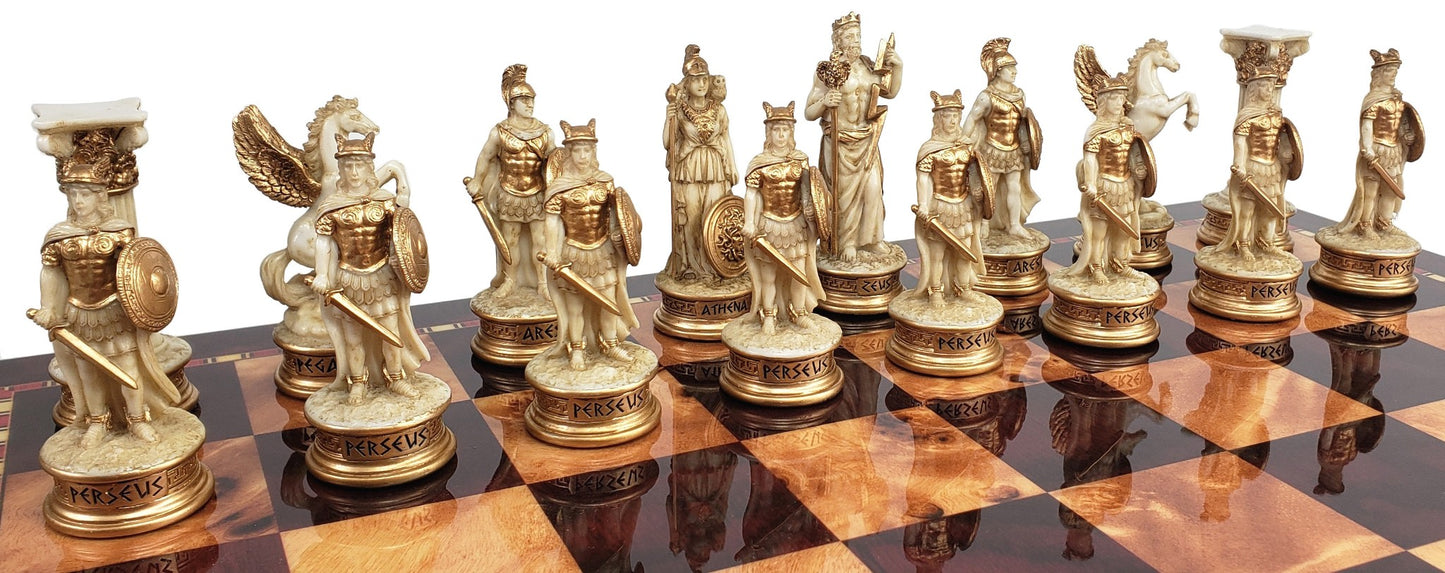 Greek Mythology Olympus Gods Chess Set Antique White W/ 18" Cherry Color Board